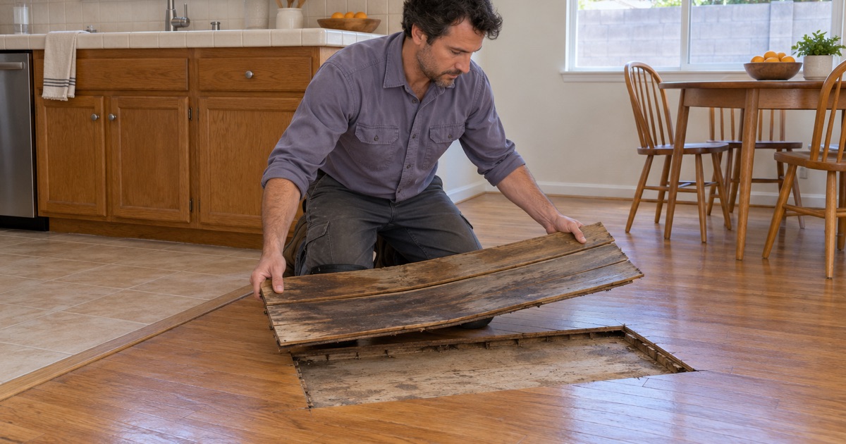 Worker lifting out a cut section of cupped, water-stained hardwood near a kitchen sink in a Lakewood house.