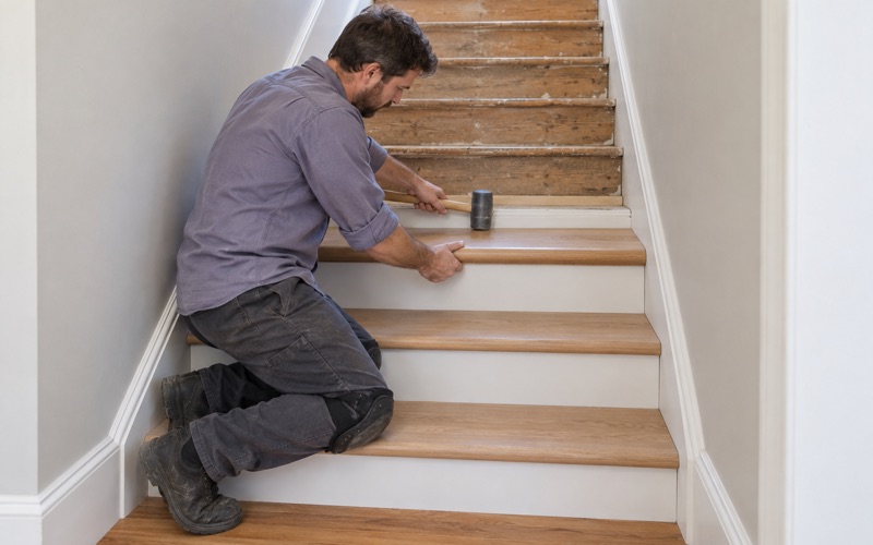 Worker seating a new white oak stair tread with a rounded bullnose edge on a carpet-free staircase.
