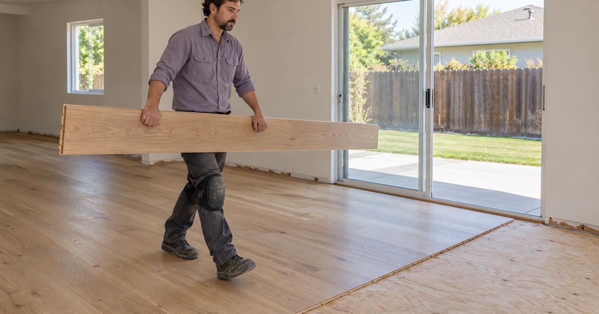 Worker carrying a long wide white oak plank to the leading row of a new wide plank floor in a Lakewood great room.