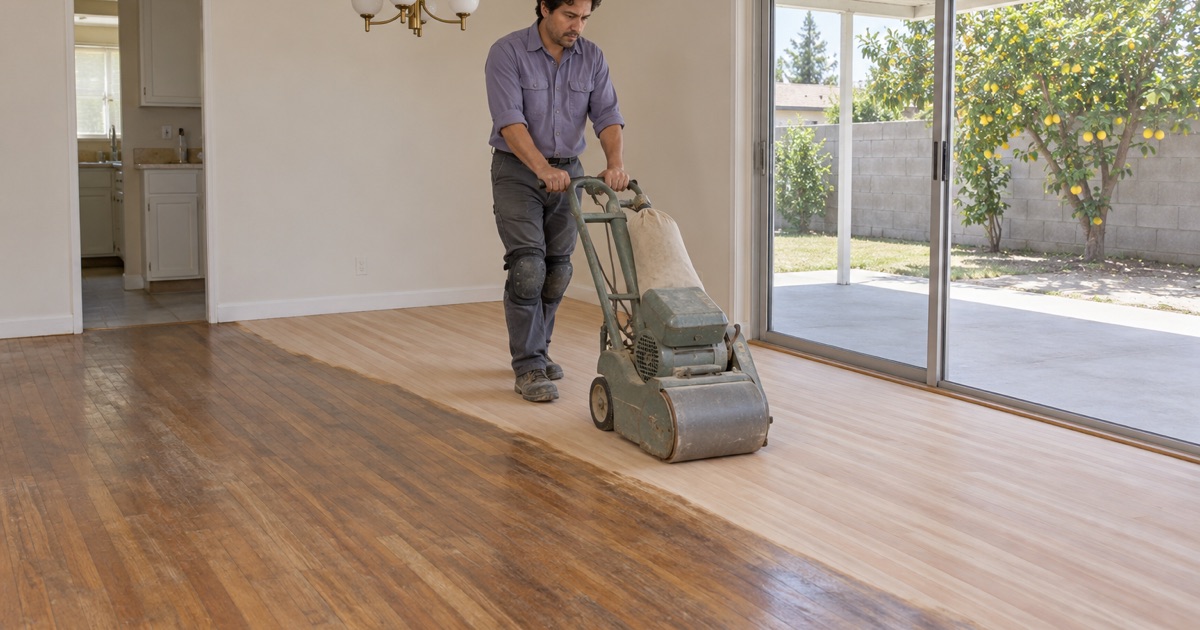 Worker drum-sanding the old finish off a hardwood strip floor in the dining room of a Lakewood tract house.