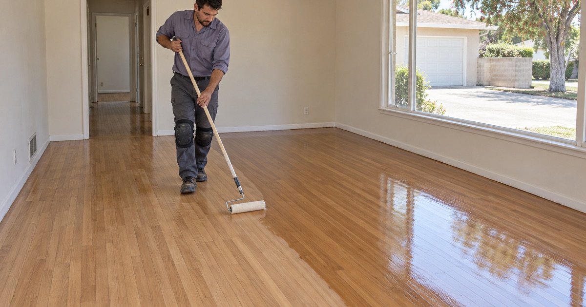 Worker rolling a clear finish coat onto a sanded hardwood floor in a 1950s single-story Buena Park house.