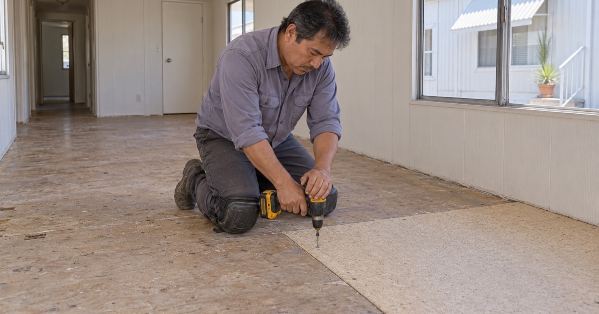Worker screwing down a new decking panel under the floor of a manufactured home in a Carson mobilehome park.
