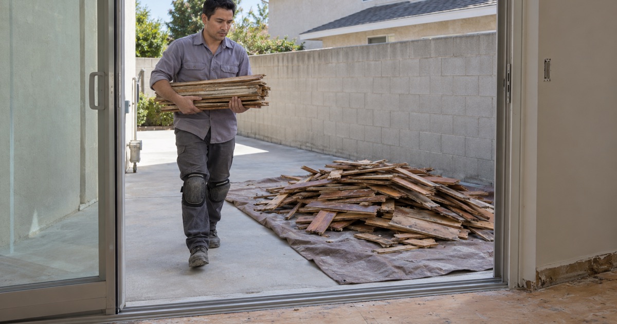 Worker carrying a bundle of torn-out hardwood boards to a tarp in the side yard during a Cerritos kitchen remodel.