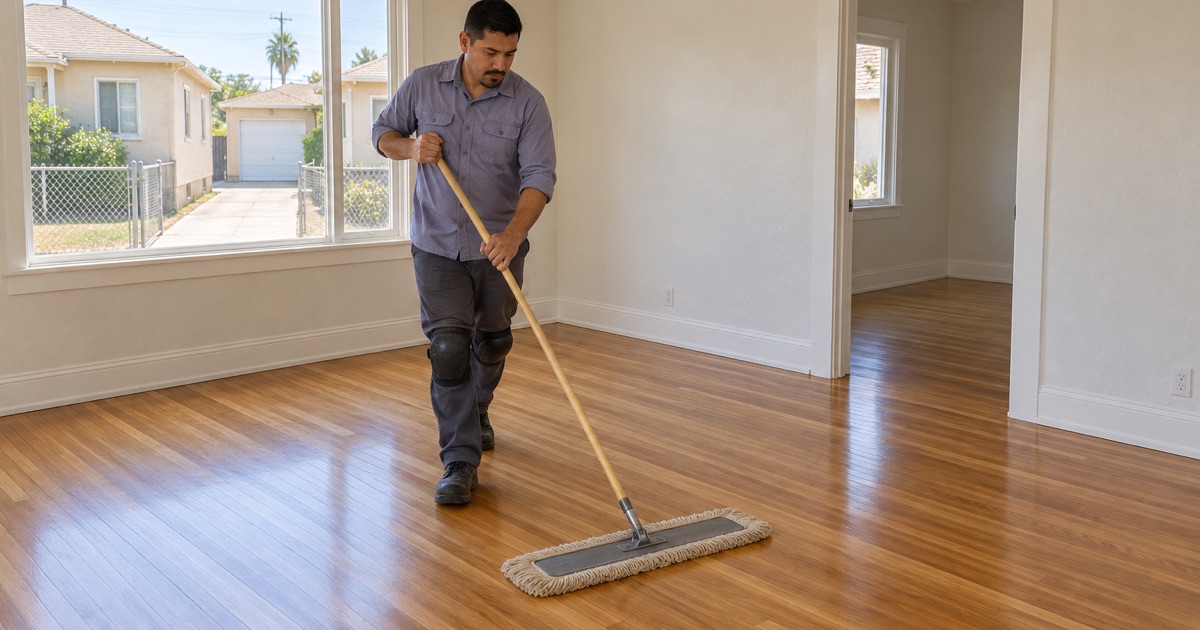 Worker dust-mopping a freshly refinished hardwood floor in a vacant 1940s rental house in Compton.