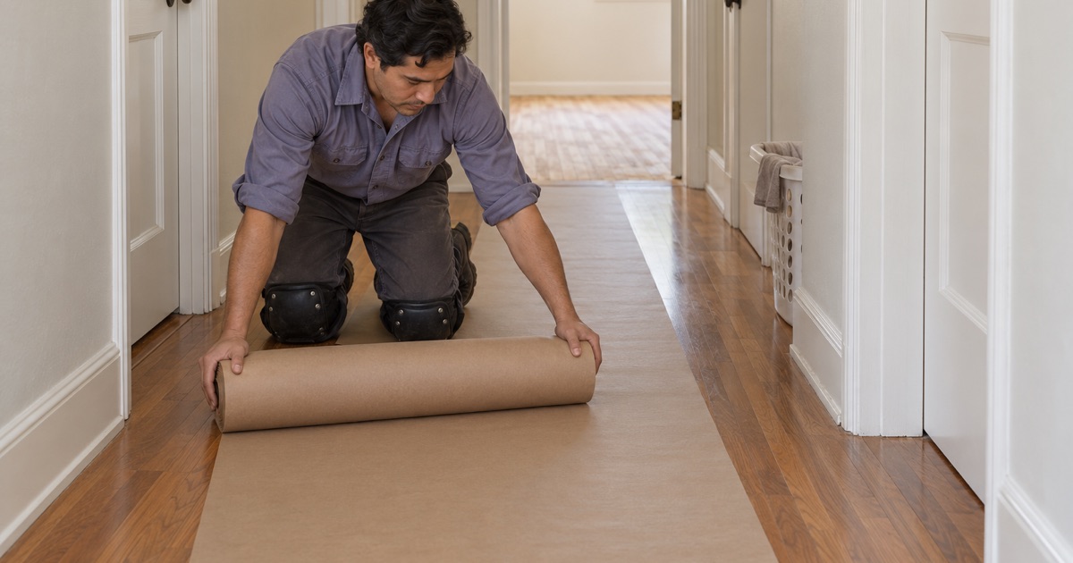 Worker unrolling floor protection down the hallway of an occupied Downey house while one bedroom floor is refinished.