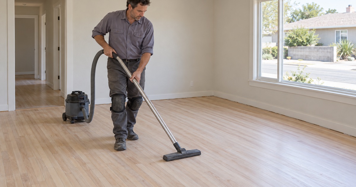 Worker vacuuming a sanded hardwood strip floor in an East Rancho Dominguez house.