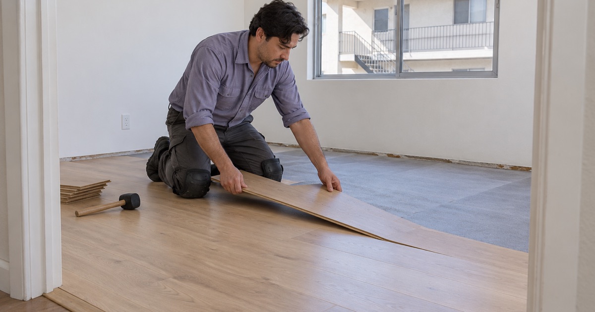 Worker clicking acclimated engineered planks into place in an El Segundo apartment.
