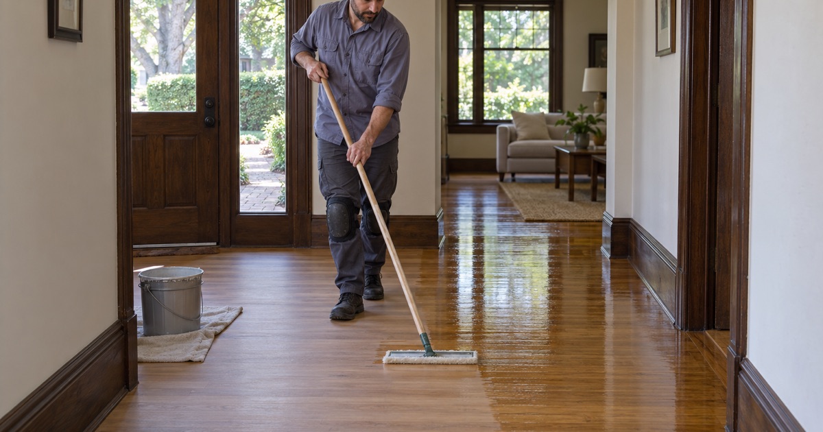 Refinished oak entry floor taking its final coat in an older Hermosa Beach home.