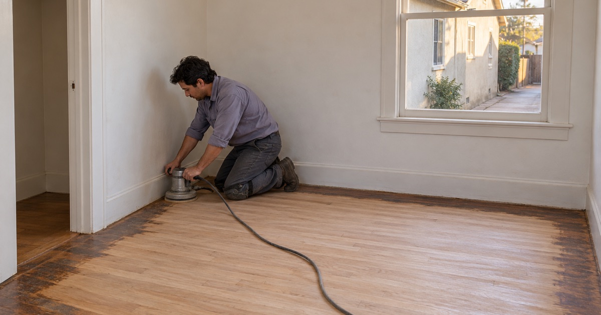 Worker running a disc edger into the corner of a small bedroom floor in a late-1920s house in North Long Beach.
