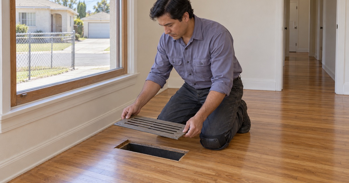 Worker lifting out a floor register to show the thickness of the hardwood boards in a newly bought Lynwood house.