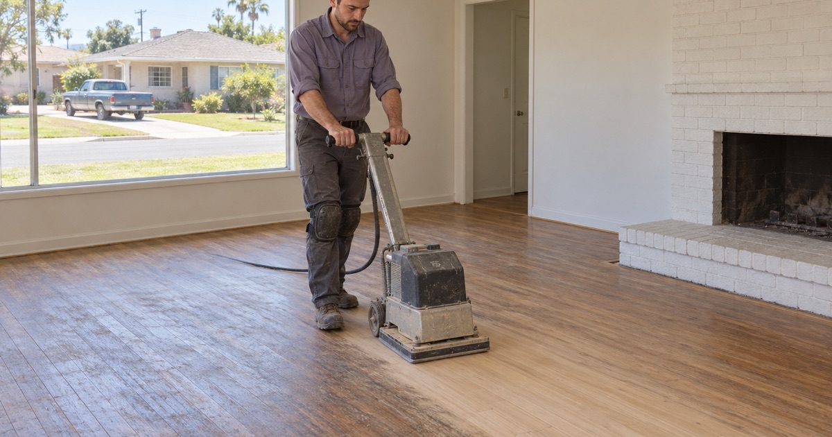 Worker running a square-pad floor sander across a hardwood living room floor in a 1950s Norwalk house.