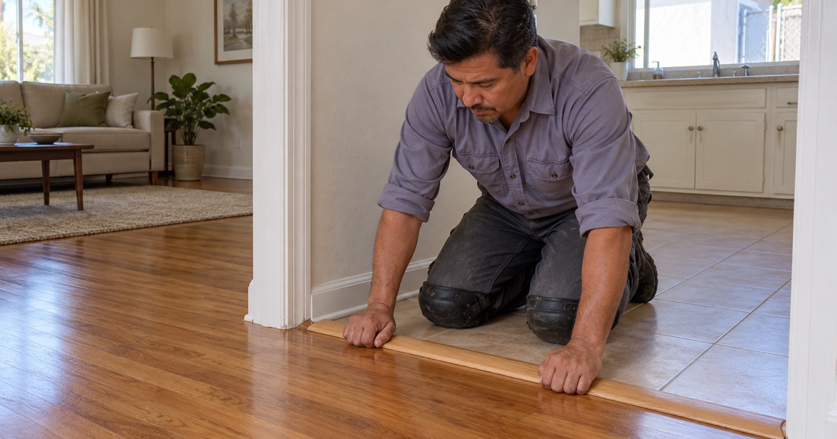 Worker pressing a new wood reducer into place where the hardwood meets kitchen tile in a Paramount house.
