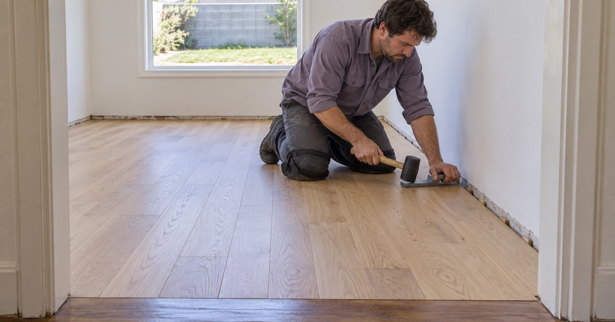 Worker installing new white oak strip flooring in an added room in a Signal Hill house.