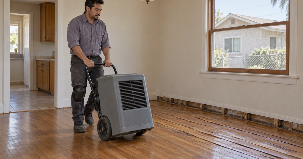 Worker rolling a dehumidifier in to dry cupped hardwood boards after a leak in a South Gate house.